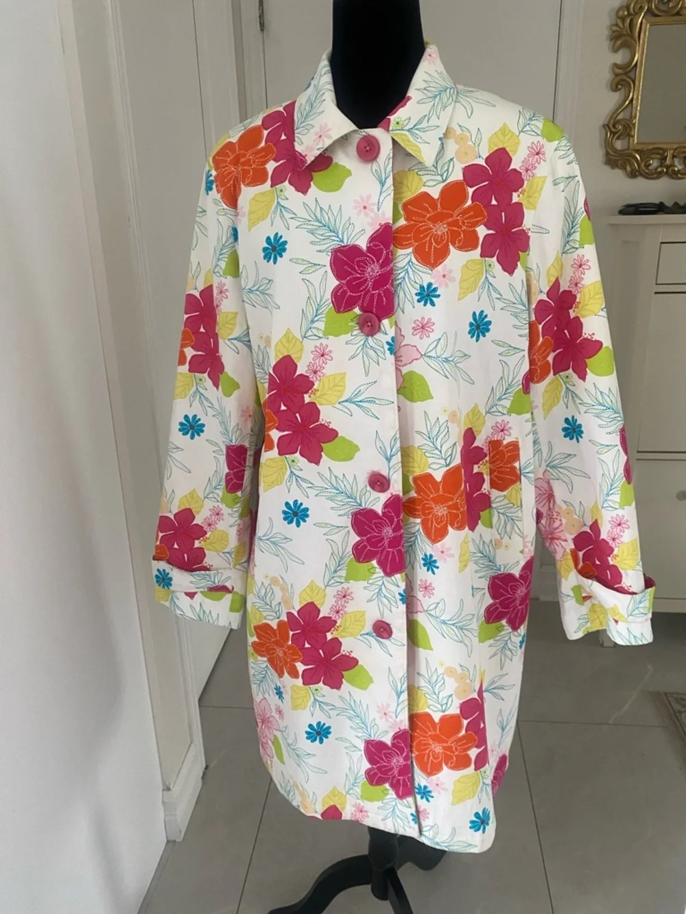 Harvé Benard Bold Colourful Floral button down lined cotton Spring Coat Size 16 - Picture 13 of 17